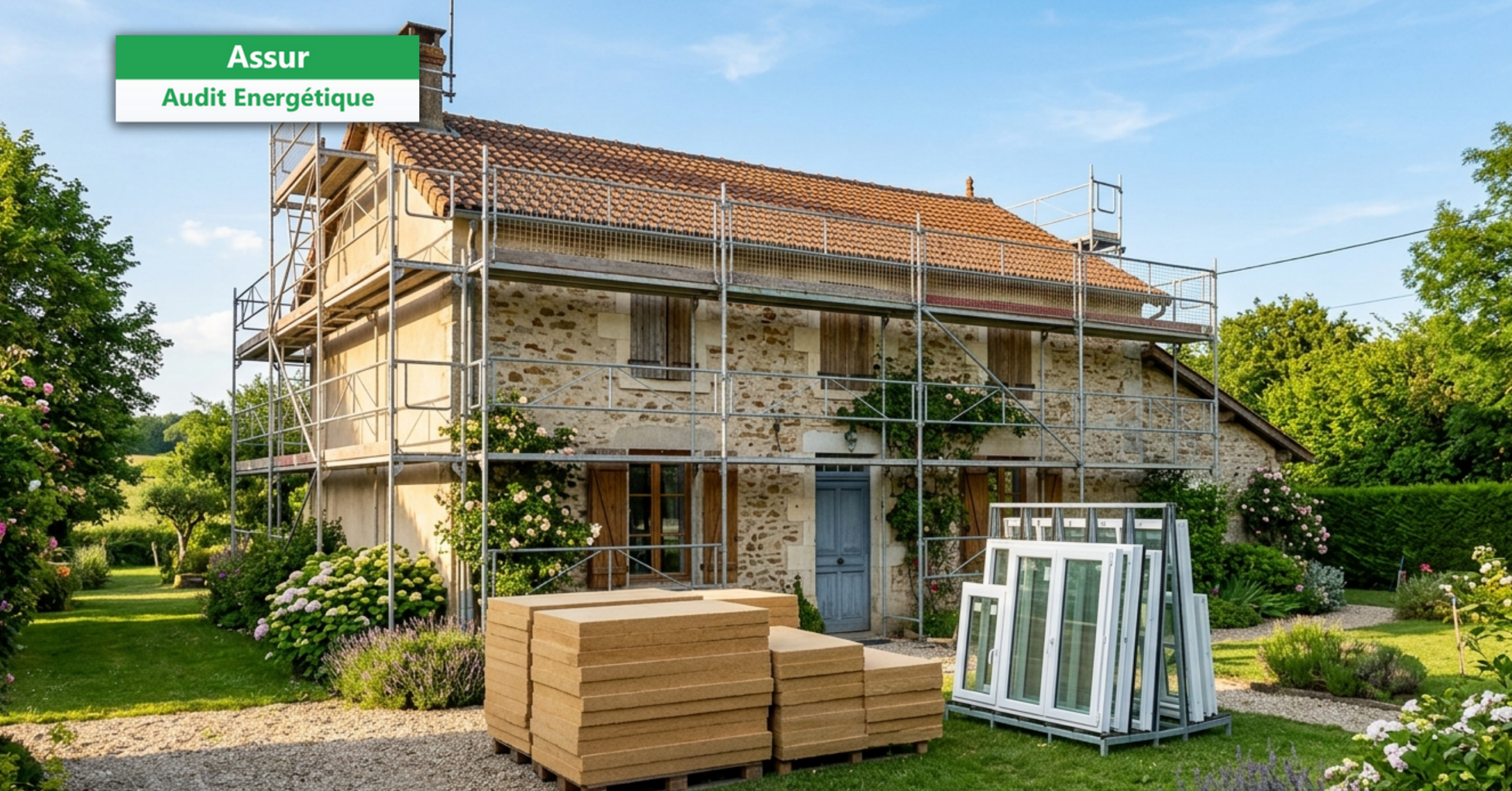 Maison en rénovation énergétique avec échafaudage et isolants - parcours de travaux de l'audit énergétique réglementaire - Assur Audit Énergétique